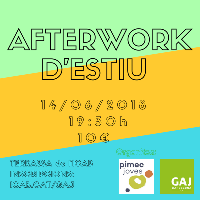 GAJBarcelona's tweet photo. Ja el tenim aquí: reserva el 14 de juny pel AFTERWORK d'estiu. Aquest cop ens acompanyarà @pimecjoves. Com sempre, a la terrassa de @comunicacioicab https://t.co/y9LW072ECV