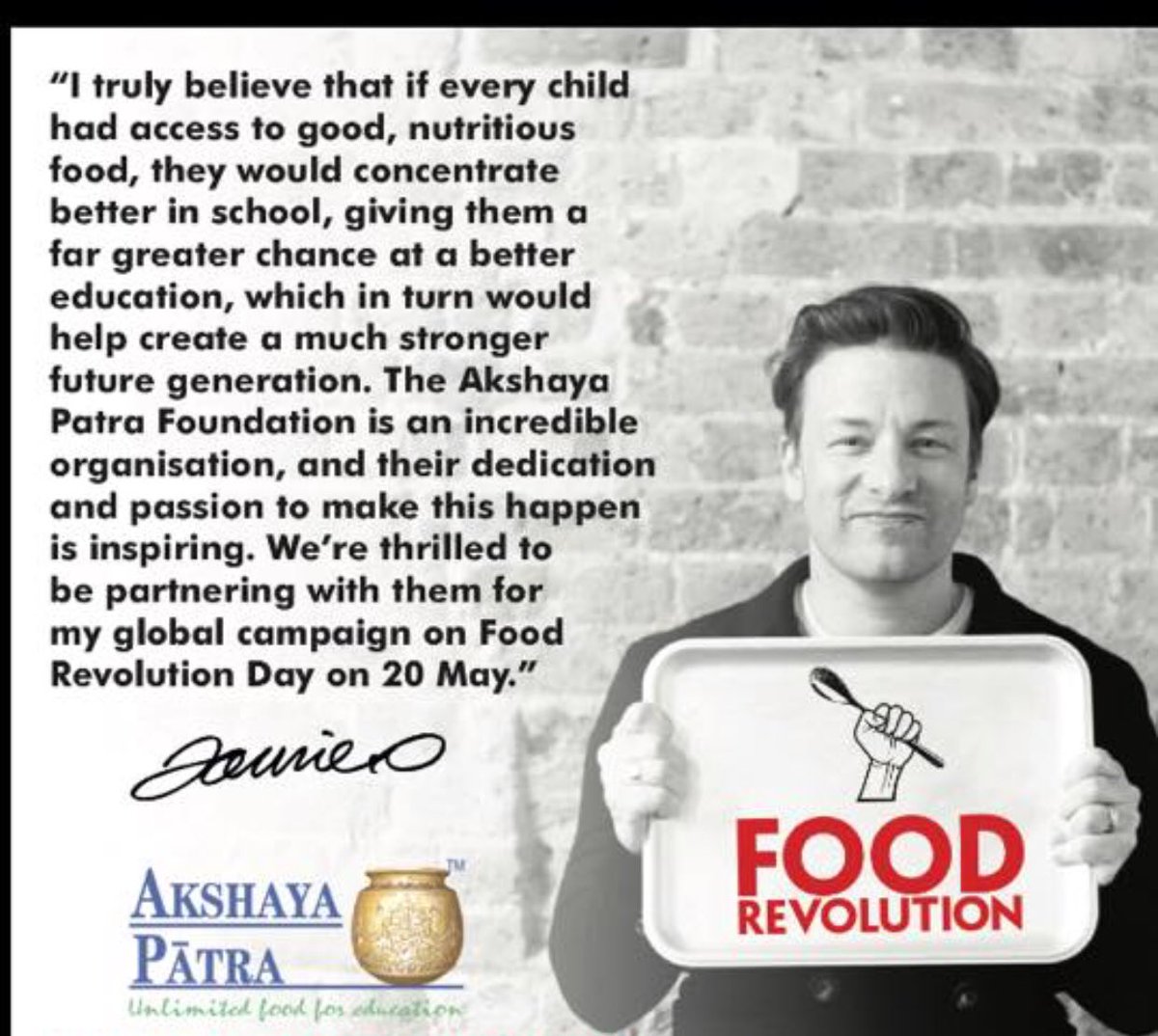 Jaihotweet's tweet photo. Seems like yesterday, we went round the world with Jamie’s Food Revolution day. #endclassroomhunger. Millions go hungry to school in the UK. Lets end this menace. Nutrition amongst our children is worsening rapidly. @UKAkshayaPatra @jamieoliver https://t.co/RTmeAwWNyU