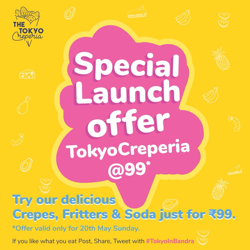 tokyocreperia's tweet photo. What are you doing this Sunday? Try any of our crepes,fritters and soda at just Rs 99. Offer valid only for 20th May!
Come and grab this amazing offer!
#tokyo #tokyoinbandra #bandra #carters #crepes #bandrafood #tokyocreperia@99 #openingtomorrow #20thMay #tokyocreperia https://t.co/9gCqyjnzMM
