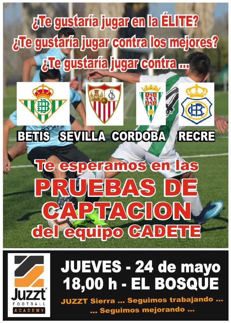 Juzzt_Sierra's tweet photo. BETIS, SEVILLA, CORDOBA, RECRE ... Si eres CADETE y te gustaría competir  contra estos equipos, te esperamos el próximo JUEVES a las 18,00 h en EL  BOSQUE en las PRUEBAS DE CAPTACION del eqquipo Cadete ... @Juzzt_Sierra, seguimos trabajando, seguimos mejorando ... https://t.co/aGZVyUsIJB