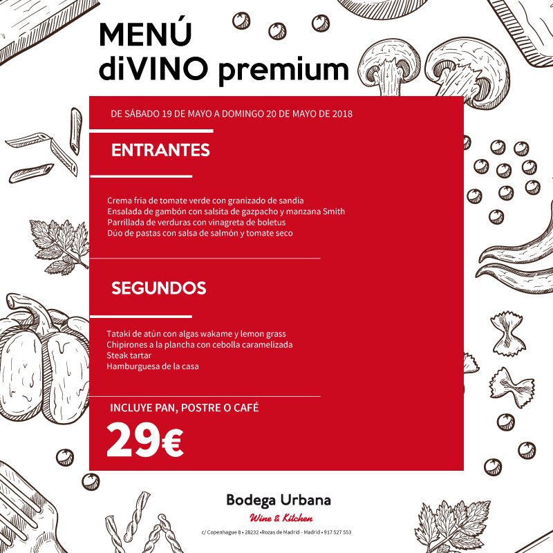 Después de la fiesta de ayer con nuestros #terraceos, hay que coger fuerza para el resto del fin de semana, para pasarlo diVINAMENTE. 
#menu #findesemana #divino #fiesta #party #musica #terraza #mayo #lasrozas #europolis #dondecomer #planazo #plan #vino #wine #finde #weekend