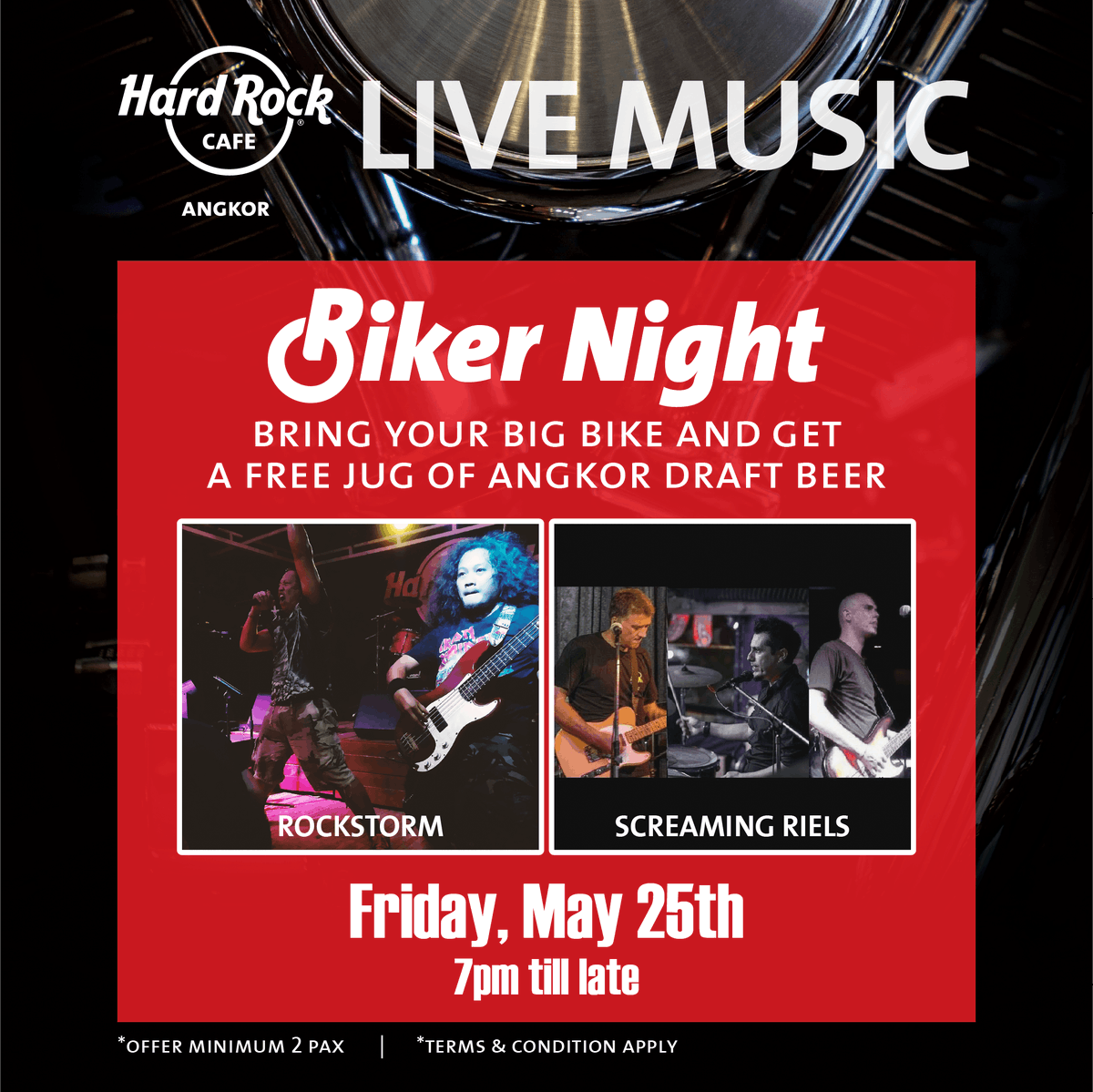HRCangkor's tweet photo. Grab the handlebars and ride your big bike to the most rockinโ Biker Night at Hard Rock Cafรฉ Angkor, get a free jug of Angkor Draft Beer.
*Offer minimum 2 pax
*Terms & condition apply
#BikerNight #HRCangkor #ThisisHardRock https://t.co/BplHuwbR1u