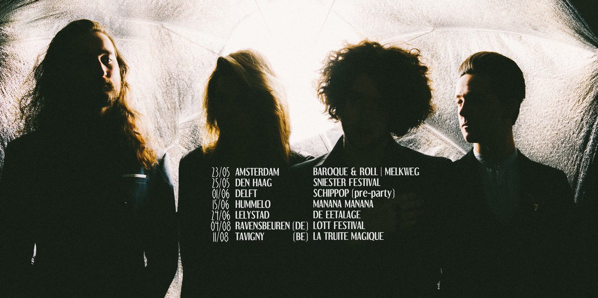 NEW DATES:
•23/05 | AMSTERDAM| BAROQUE &amp; ROLL
•25/05 | DEN HAAG | <a href="/Sniester/">Sniester</a> 
•01/06 | DELFT| <a href="/Schippop/">Schippop</a> (pre-party)
•15/06 | HUMMELO| <a href="/mananafestival/">Mañana Mañana</a> 
•24/06 | LELYSTAD| De Eetalage
•04/08 | Ravensbeuren (DE) | Lott Festival
•11/08  | Tavigny (BE)| <a href="/LaTruiteMagique/">La Truite Magique</a>