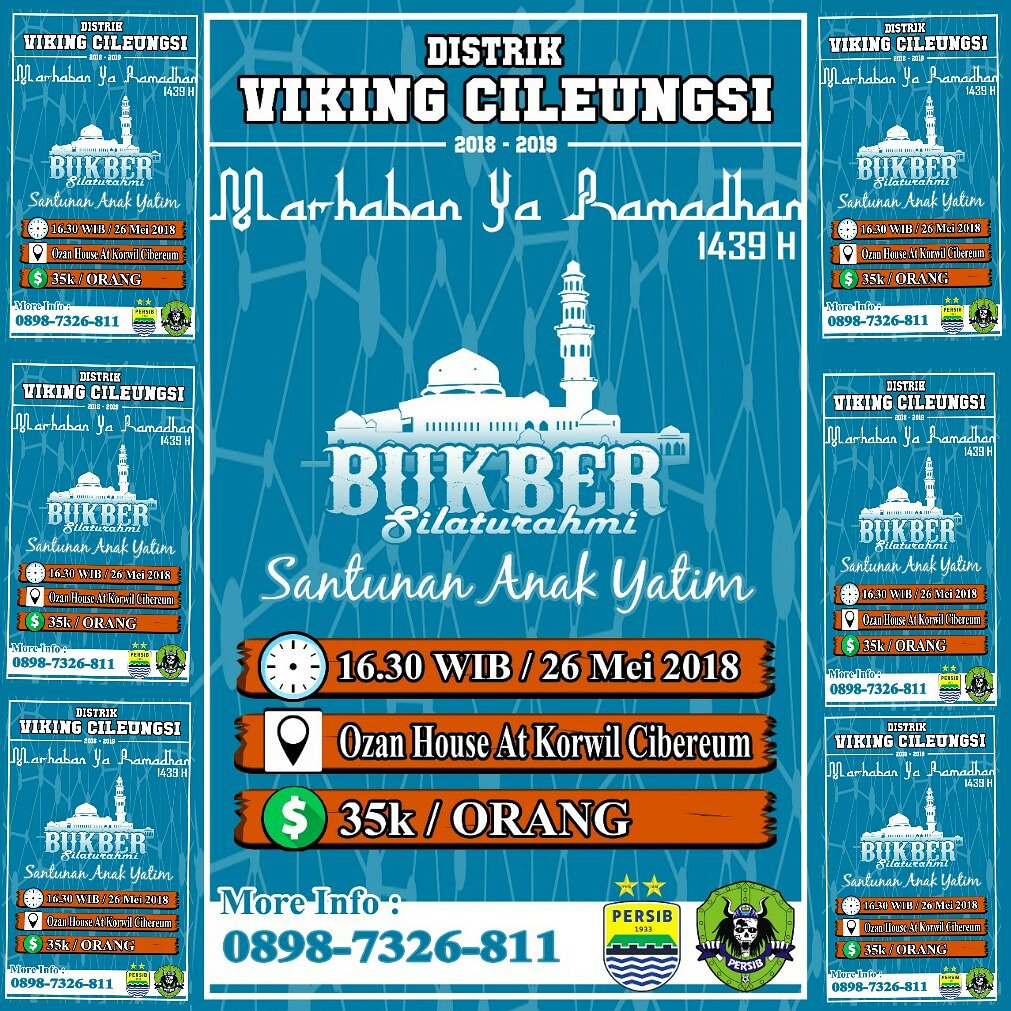Bagi dulur-dulur distrik viking cileungsi yang ingin berpartisipasi dalam acara buka bersama dan insyaallah akan di isi acara tausyiah serta santunan anak yatim. Silahkan bisa langsung menghubungi korwil2 terdekatnya, 
#vikingCileungsi 
#persib
#ltjh 
#bobotoh