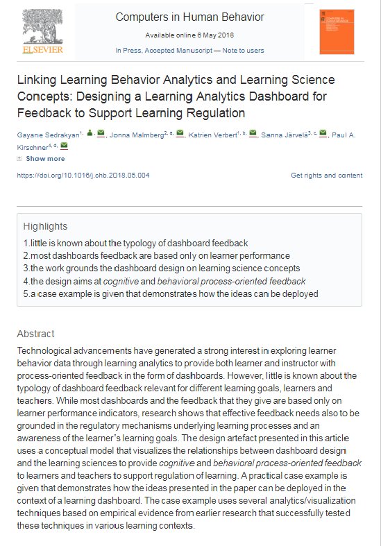 Published: Linking Learning Behavior Analytics and #Learning Science Concepts: Designing a Learning Analytics Dashboard for Feedback to Support Learning Regulation

#education

Read more at bit.ly/2jWerpe