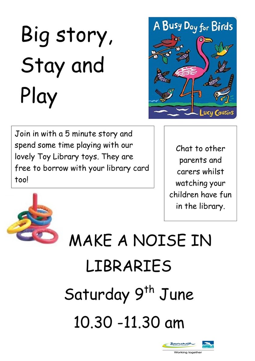 SouthbourneLib's tweet photo. Everyone is welcome to come and Make a Noise in the Library at our Stay and Play session on Saturday 9th June. Mums and babies, Dads, Grand-parents, Carers. Have a chat to others while children play with toys from our Toy Library. https://t.co/LCdm3L3Jcx