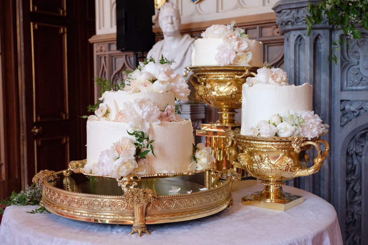 The wedding cake is to be served at the Reception. It was designed by Claire Ptak and features elderflower syrup made at The Queen’s residence in Sandringham from the estate’s own elderflower trees, as well as a light sponge cake uniquely formulated for the couple. #royalwedding