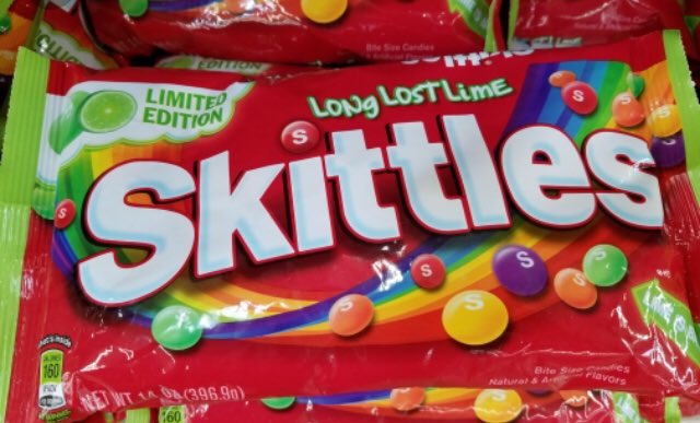 Gh0stPaws's tweet photo. This is the first time that we have seen the Lime flavor of the green Skittles, since they switched it for the Green Apple 4 years ago. I am a fan of the Lime & did not like the flavor swap out. I missed this flavor lineup & hope they do not take it away again....#longlostlime https://t.co/Vx4pKYRLhB