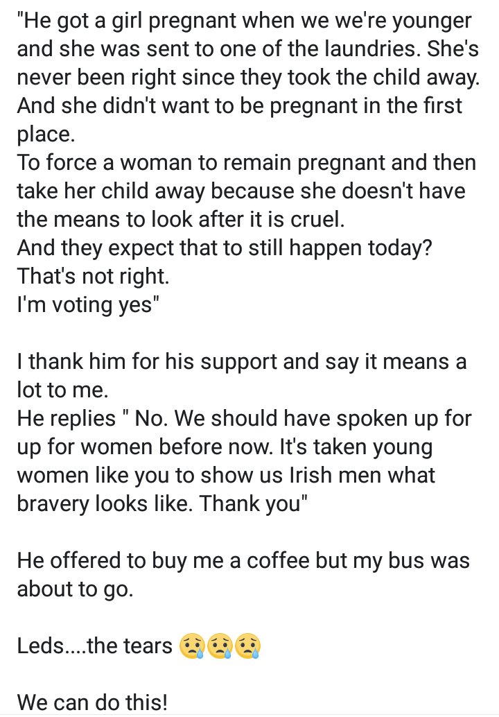 A beautiful encounter I had this morning whilst buying bus tickets.

#together4yes 
#8thref 
#repealthe8th 
#AuldLads4yes