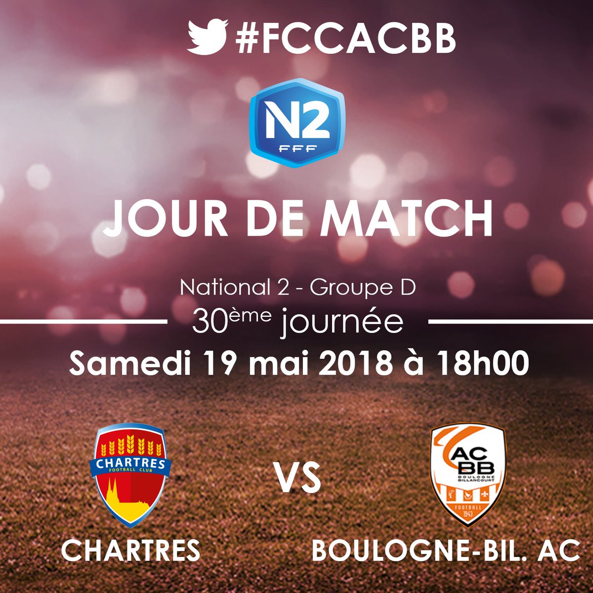 fcchartres's tweet photo. Nos Chartrains reçoivent @ACBB_Football pour le compte de la 30ème 
journée !

 #AllezChartres #TeamChartres #FCCACBB #N2 #Chartres https://t.co/foNhsx7ZDY