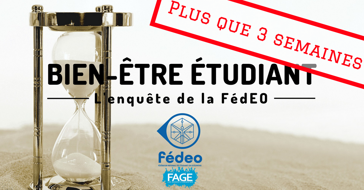 FedeOsteo's tweet photo. Plus que 3 semaines pour répondre à l'enquête sur le bien-être étudiant ! C'est l'heure de faire une petite pause dans vos révisions pour nous faire savoir ce que vous pensez !
Alors on n'hésite plus, on partage et on répond !
C'est par ici : https://t.co/qXohj8QWlX https://t.co/80xejgw76Q