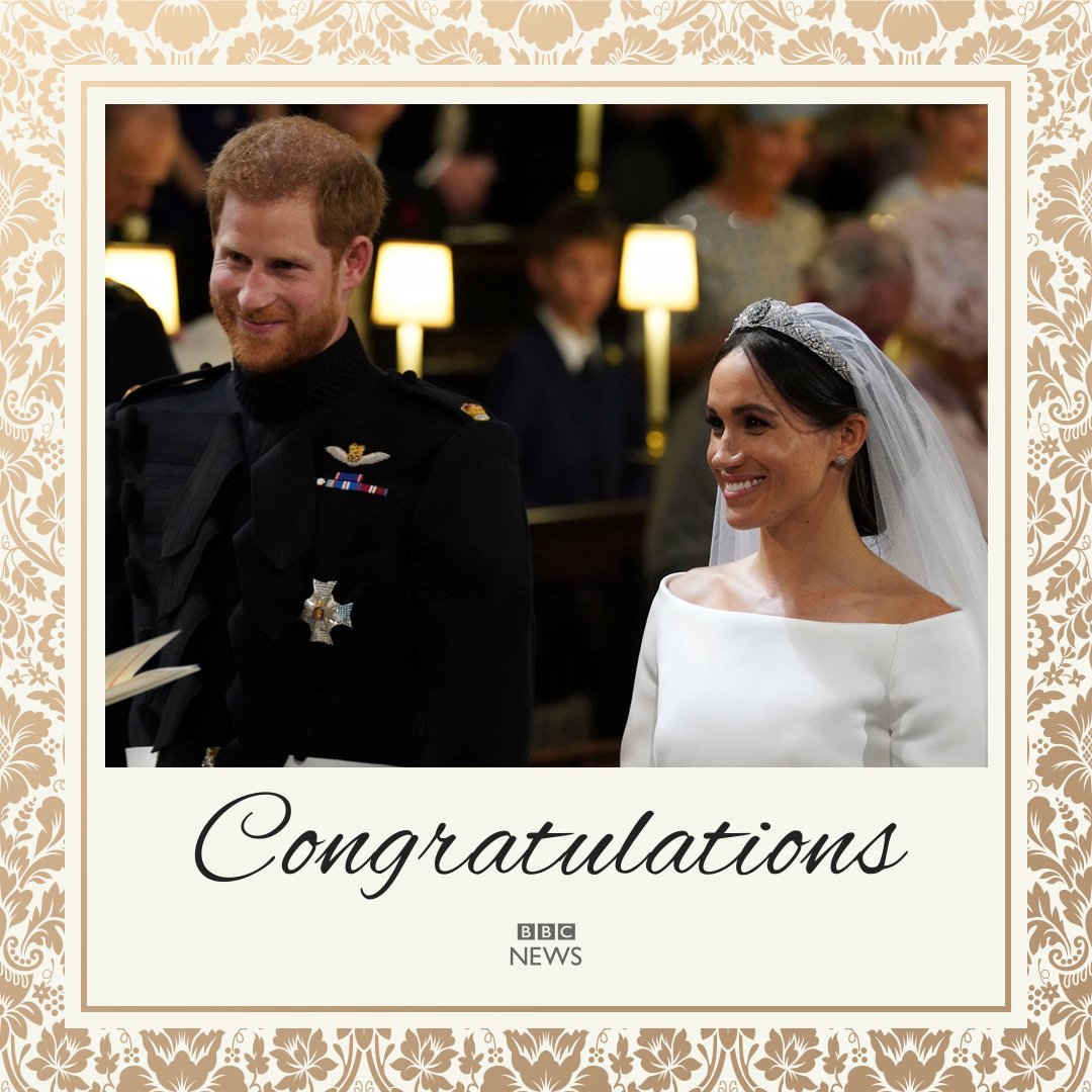 BBCNews's tweet photo. With very best wishes to Harry and Meghan, the Duke &amp; Duchess of Sussex

Here's to a wonderful future together! 🍾

https://t.co/85kSVoFMeP #royalwedding https://t.co/w9XZHCM0eF