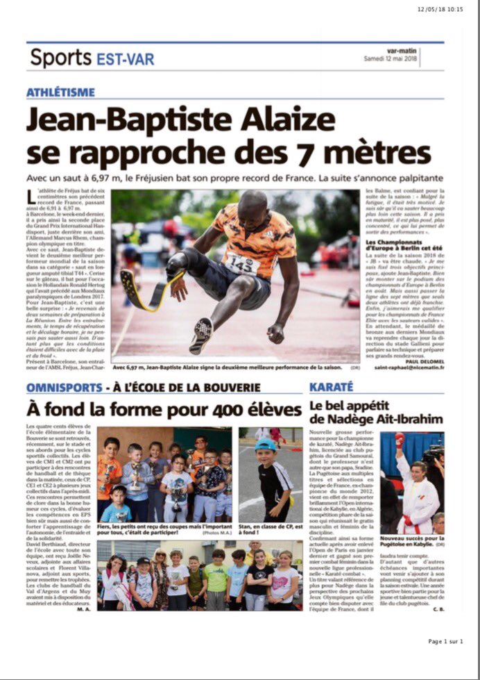 Flodesil's tweet photo. Voici les 2 articles parus dans @Var_Matin sur @JB_Alaize  ! 😀👍A lire! 😉 @VilleDeFrejus #handisport #athletisme #amslf @ERPTokyo https://t.co/fGmg1XkWTk