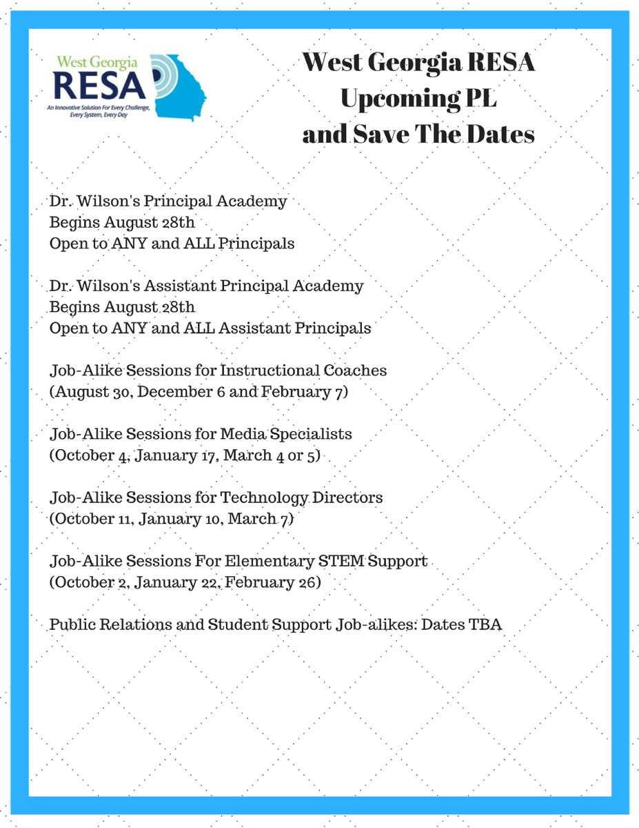 What a SUMMER it will be <a href="/WestGeorgiaRESA/">West Georgia RESA</a> !  There are so many opportunities for PL.  If you are looking for support in Reading, Science, Math, Tech., and many other topics, we have got it! Join us! garesa.org