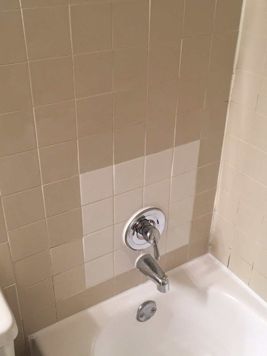 bhardage's tweet photo. Here's phase 3 of the faucet replacement. They didn't exactly try very hard to match the tile color https://t.co/yvKeV0FQNO
