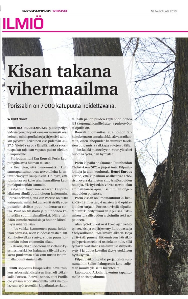 Pori_NUP's tweet photo. Puukipeilyä ihmettelemään ja ihastelemaan #Pori #Raatihuoneenpuisto 26.-27.5. Suomen mestaruudet jaossa. Mekin olemme mukana tarjoamassa puitteet, kannustamassa ja kertomassa kaupunkipuistosta. Näkemisiin! Lehtijuttu Satakunnan Viikko. #puukiipeilySM #SPYry @VYLry @Porikaupunki https://t.co/AuEc8PB5UR