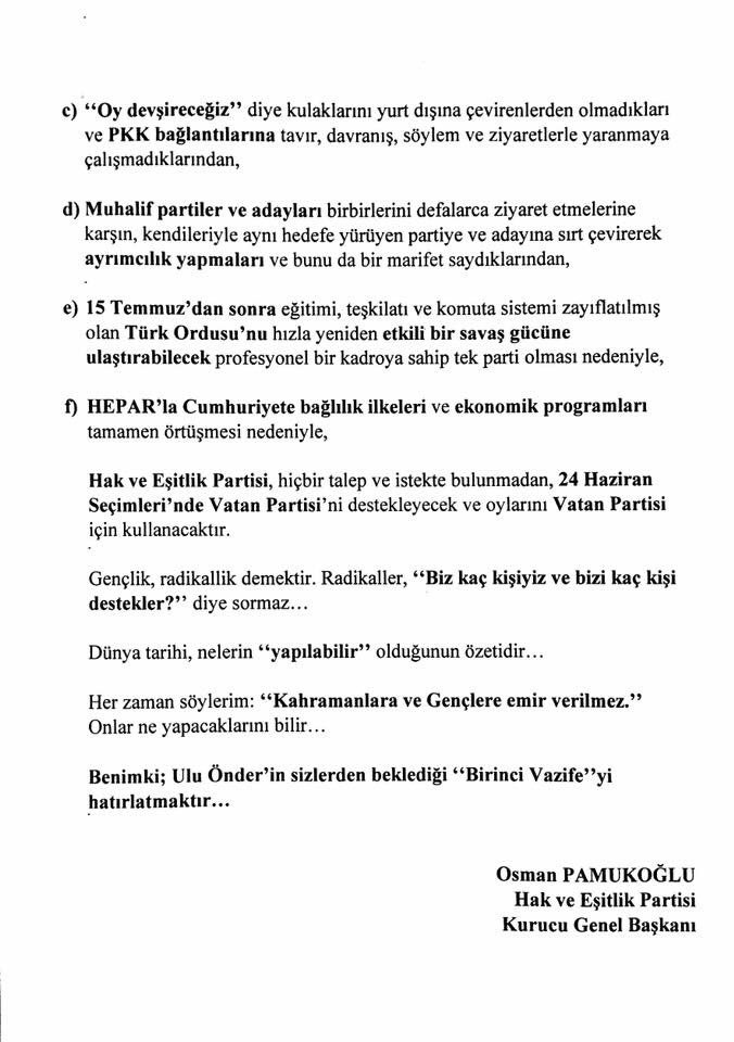 HAK VE EŞİTLİK PARTİSİ’NİN SEÇİM KARARI