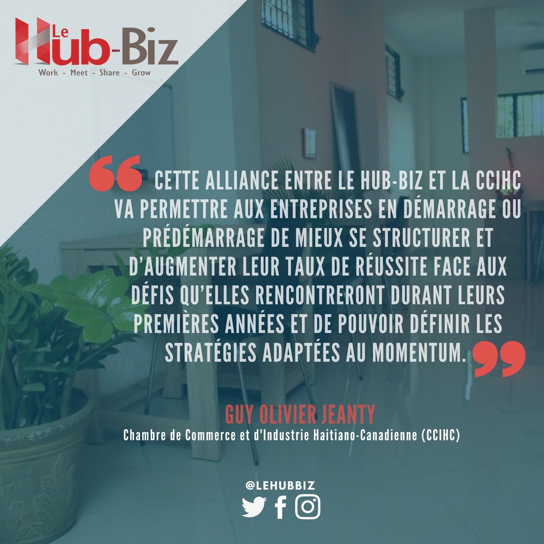 lehubbiz's tweet photo. La Chambre de Commerce et d’Industrie Haïtiano-Canadienne (CCIHC) @ccihc_ht est l’un de nos partenaires stratégiques. Nous convergeons nos efforts en vue de contribuer à la dynamisation de l’écosystème entrepreneurial. #lehubbiz #coworkingspace #hub #entrepreneurship #incubator https://t.co/NdseE6Cw3V