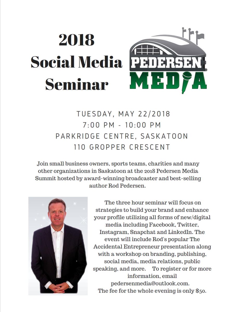 Want to grow your brand? Increase your followers? This is a great Marketing opportunity. Don't forget to register for the Pedersen Media Seminar this  Tuesday in Saskatoon. @PJHLofficial @Delisle_Chiefs @westleyscoach <a href="/SaskatoonRoyals/">Saskatoon Royals</a> <a href="/OfficialOutback/">Carrot River Outback Thunder</a> <a href="/PJHLQuakers/">Saskatoon Quakers</a> <a href="/rodpedersen/">Rod Pedersen</a>
