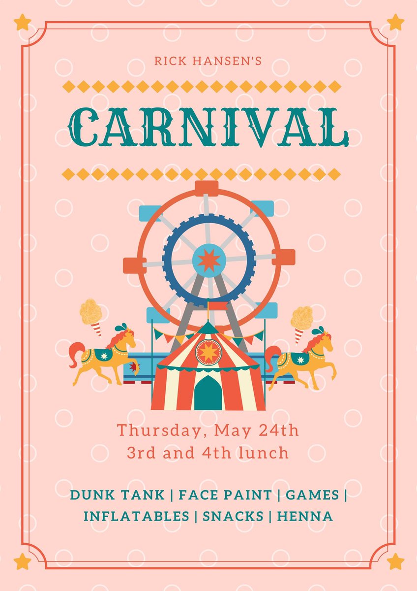 Hey RHSS! Dont miss out on one of SAC's  biggest events of the year. Come out THIS Thursday during 3rd and 4th lunch and spend some time at Rick Hansen's carnival! Enjoy snacks, games, inflatables, face paint, henna, and more! Don't miss out RHSS!!