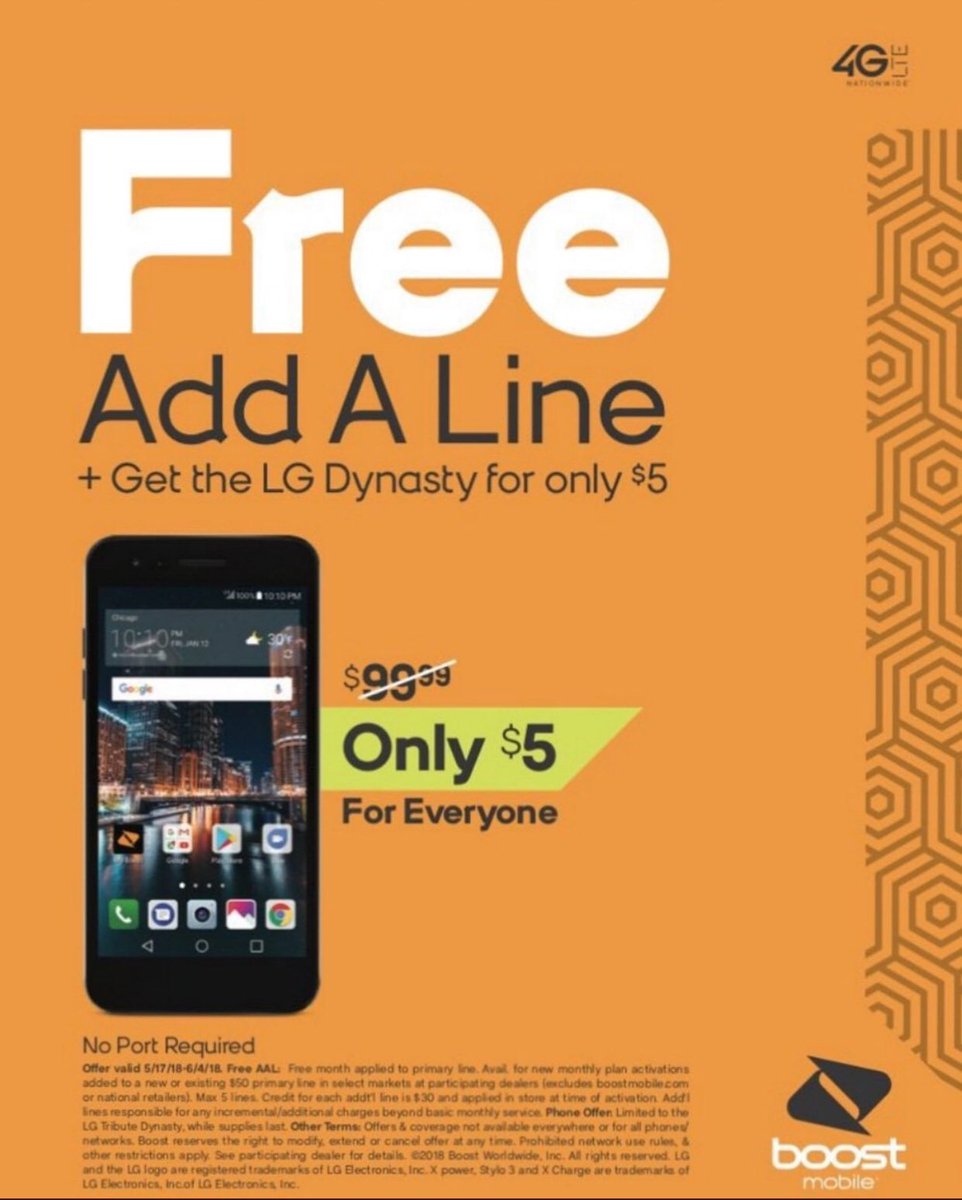 Come and get it!! Time is now to come to <a href="/boostmobile/">Boost Mobile</a> and get a Free Add A Line with a $5 LG Dynasty! This deal is 🔥🔥🔥#herewecome #deals #winning #LG #Dynasty #free #BoostNation