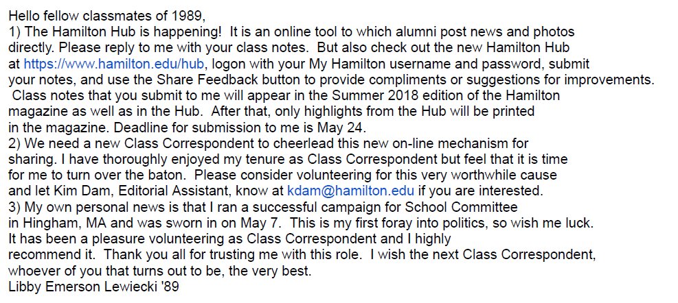 HamiltonCol1989's tweet image. A message from our intrepid Class Correspondent, Libby Emerson Lewiecki: