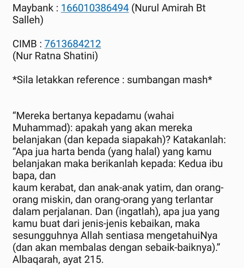 Ballroro_'s tweet photo. Bismillahirrahmanirrahim

Rakan kenalan saya, Saudari Anis Aqilah (Mash) #KMTK #UPM #TiKL telah terlibat dlm kemalangan jalan raya dan mengalami kecederaan parah. Dia telah kehilangan kaki kiri &amp; masih tidak sedarkan diri. Mohon sumbangan ikhlas untuk bantu beliau sekeluarga. https://t.co/gvPhQFHTNu