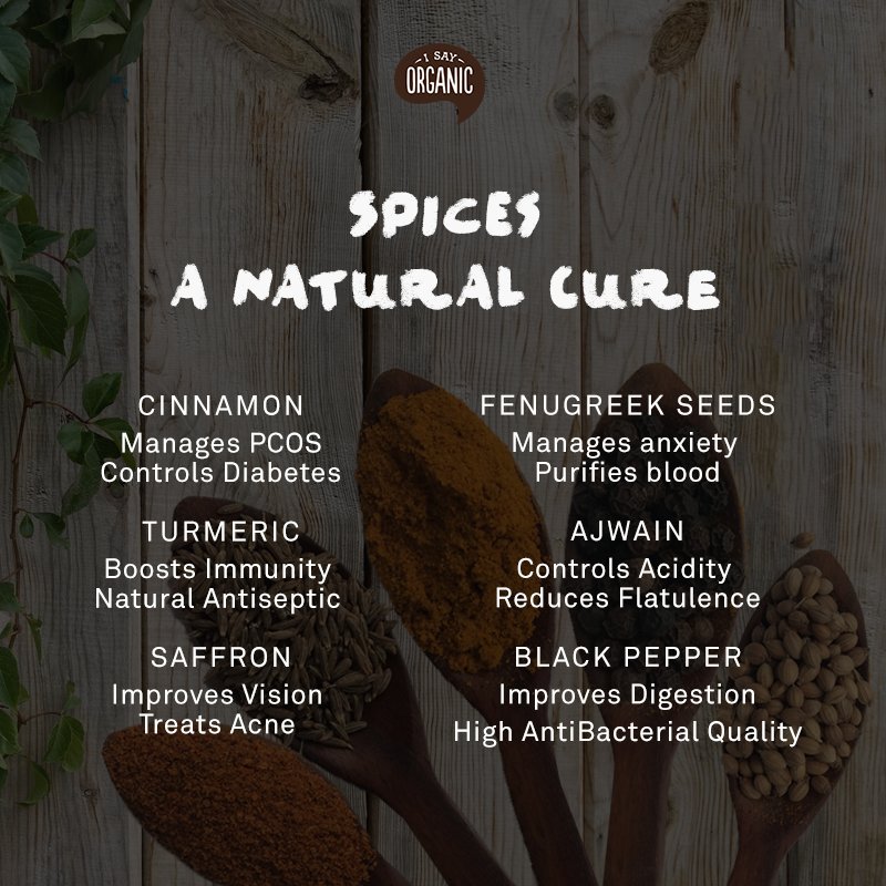 ISayOrganic's tweet image. Did you know the amazing benefits that spices have for our physical and #mentalhealth! Lifestyle diseases like #PCOS &amp;amp; #hyperacidity can easily be controlled and managed if we include some spices in our daily diet.Order now at bit.ly/2rVQNN5 or call us at 011-41087447.