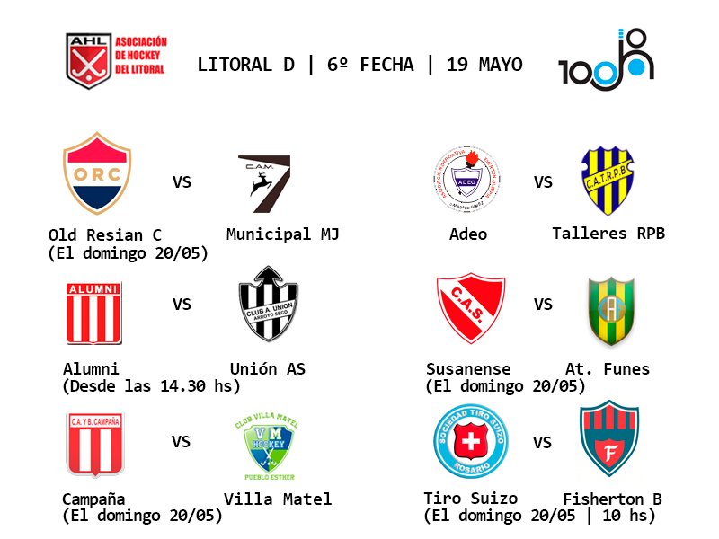 #LitoralD #Fecha6 <a href="/_oldresianclub/">Old Resian Club</a> <a href="/TALLERES_RPB/">TALLERES R.P.B</a> Adeo; Susanense; Alumni; Campaña; Municipal (MJ); Tiro Suizo; Villa Matel; Atl. Funes; Union AS; Fisherton