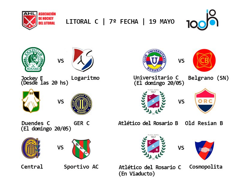 #LitoralC #Fecha7 <a href="/jockeyclubros/">Jockey Club Rosario</a> <a href="/plazajewell/">Plaza Jewell</a> <a href="/DuendesRC/">Duendes Rugby Club</a> <a href="/miclubGER/">Club G.E.R</a> Universitario C <a href="/_oldresianclub/">Old Resian Club</a> <a href="/LogaritmoRugby/">Club Logaritmo Rugby</a> Belgrano (SN) <a href="/CARCoficial/">Club Atletico Rosario Central</a> Cosmopolita (Roldan) Sportivo (Las Parejas)
