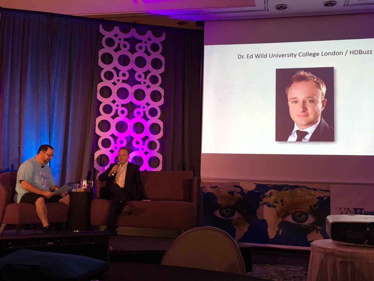 jan_nolta's tweet photo. James Valvano interviews @DrEdWild at the @WeHaveAFace Annual Convention in Orlando. Discussing the important clinical trial of the Gene Lowering DNA Drug for #huntingtonsdisease from Ionis &amp; Roche. First time the HTT protein has been lowered. Much Hope! 💙💜 https://t.co/qNaTihBnDv