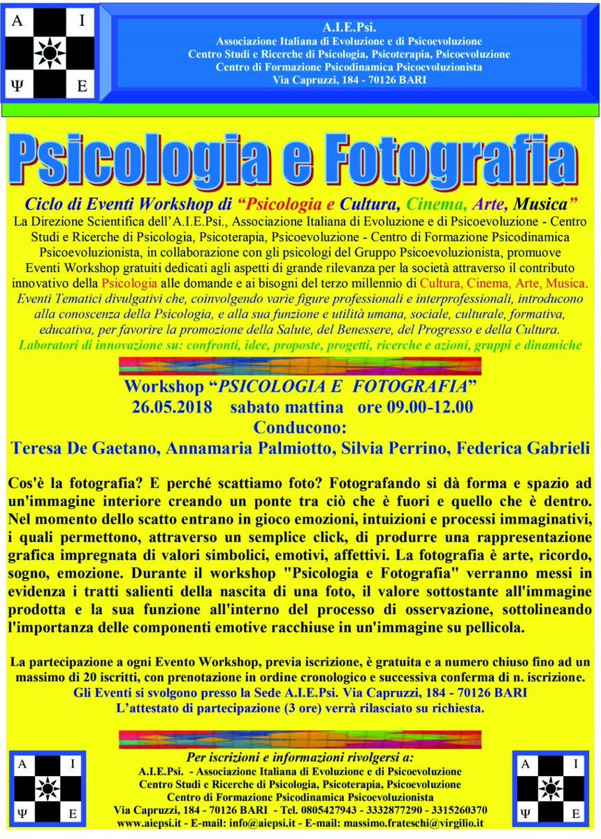 Psychoevolutio1's tweet photo. #psicoevoluzione #psicodinamica psicoevoluzionista #AIEPsi #psychoevolution #psicoevoluzionista #Psicoterapia psicodinamica psicoevoluzionista #Psicologiaefotografia #Evento Psicologia e Fotografia AIEPsi https://t.co/NThzOHhONW