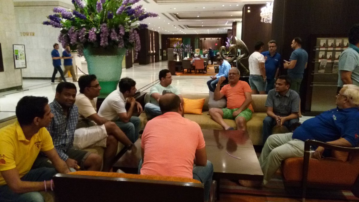 Jackiev999's tweet photo. And late night "durbar" in the hotel lobby with @Iamsamirarora holding fort! Anyone else remember this? I can see @prathgodbole  and Colonel saab  @Eagle_Mahesh ......anyone else see themselves in this pic? #TC2016 https://t.co/vOL5e9DBNm