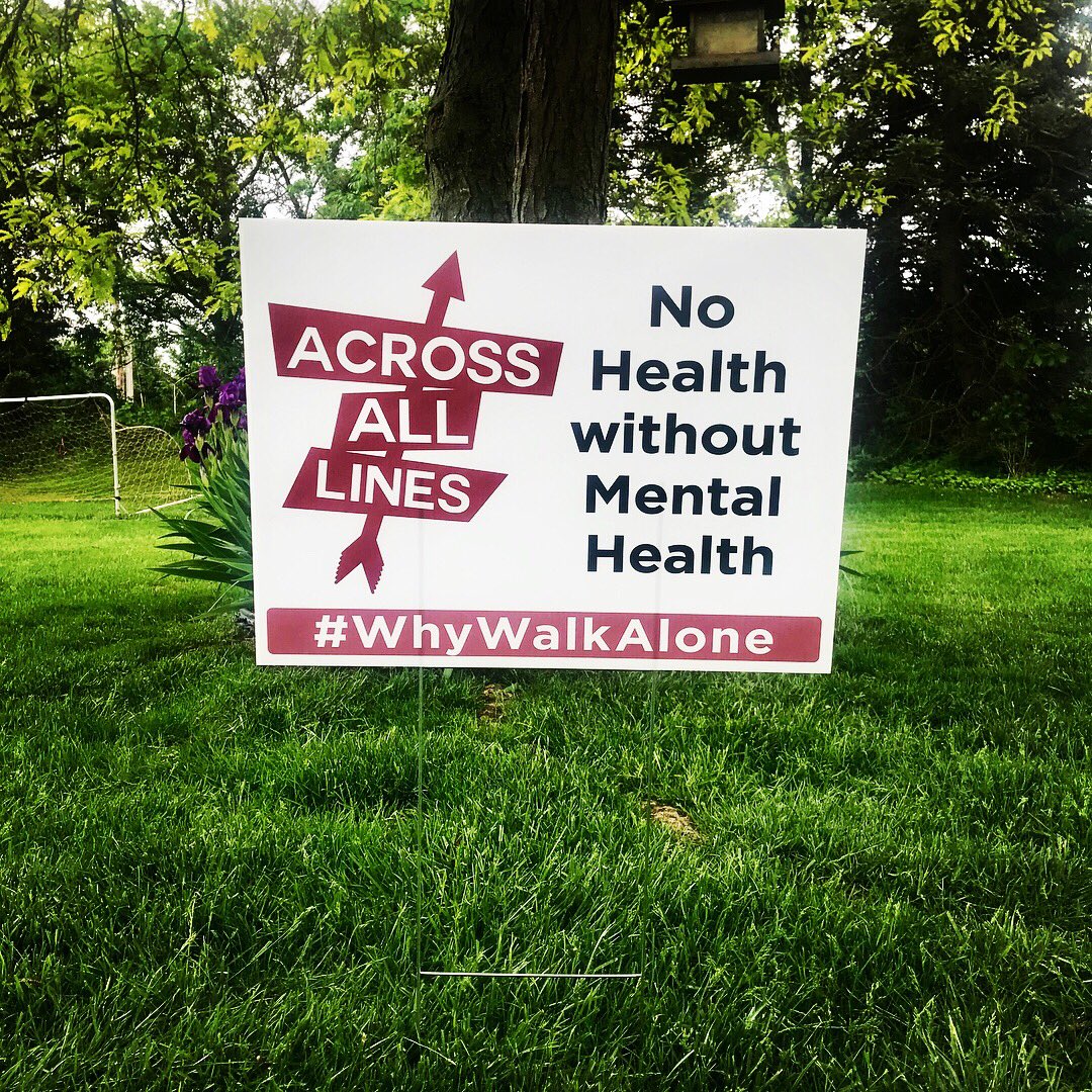 why_walk_alone's tweet photo. One of my favorite parts about these signs is watching my daughters put them up so they can grow up knowing there is no shame in taking care of our mental and emotional health. The walk is tomorrow and it’s not too late to register. https://t.co/gbk4XLblFm https://t.co/wqeTNkCZ7Y