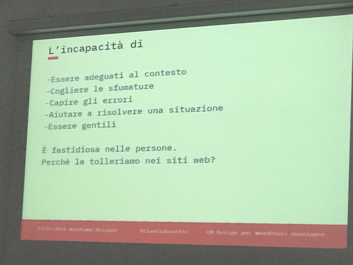 WordCampBologna's tweet photo. Perché non possiamo tollerare l’inadeguatezza delle persone ma tolleriamo quella dei siti? @claudiabusetto è progettista di servizi digitali e getta ponti tra sviluppo e relazioni umane. #wcbo #wcbo18 https://t.co/MA7075teB4