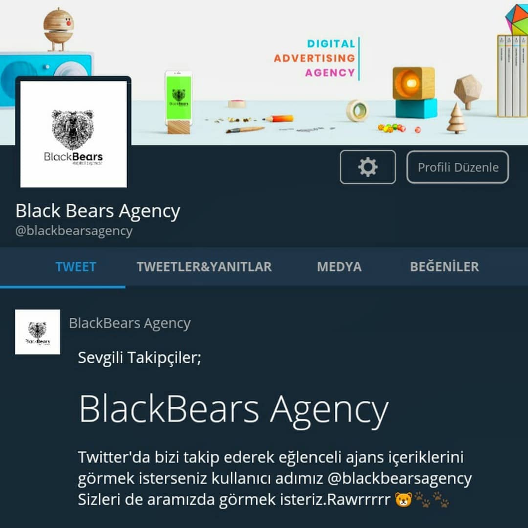 🌟
Twitter da bizi takip etmek için hemen sayfamıza göz atın. Rawrrrrr 😋😍🐻🐾🐾 

#digitalagency #blackbears #advertising #reklamcılık #reklamyazarı #medyaajansı #iletişim #televizyon #dijitalmedya #grafiktasarım #yaratıcılık #yaratıcıajans #creative