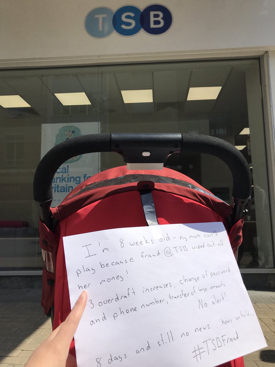 sabinehauert's tweet photo. @TSB fraud reported 8 days ago. 3 overdraft increases, change in online password and I assume phone number, all money transferred out without an alert going off - how is that possible? Spent hours on hold and morning at TSB branch with my 8-week old baby. No answers. #TSBFraud https://t.co/62nCAOF828