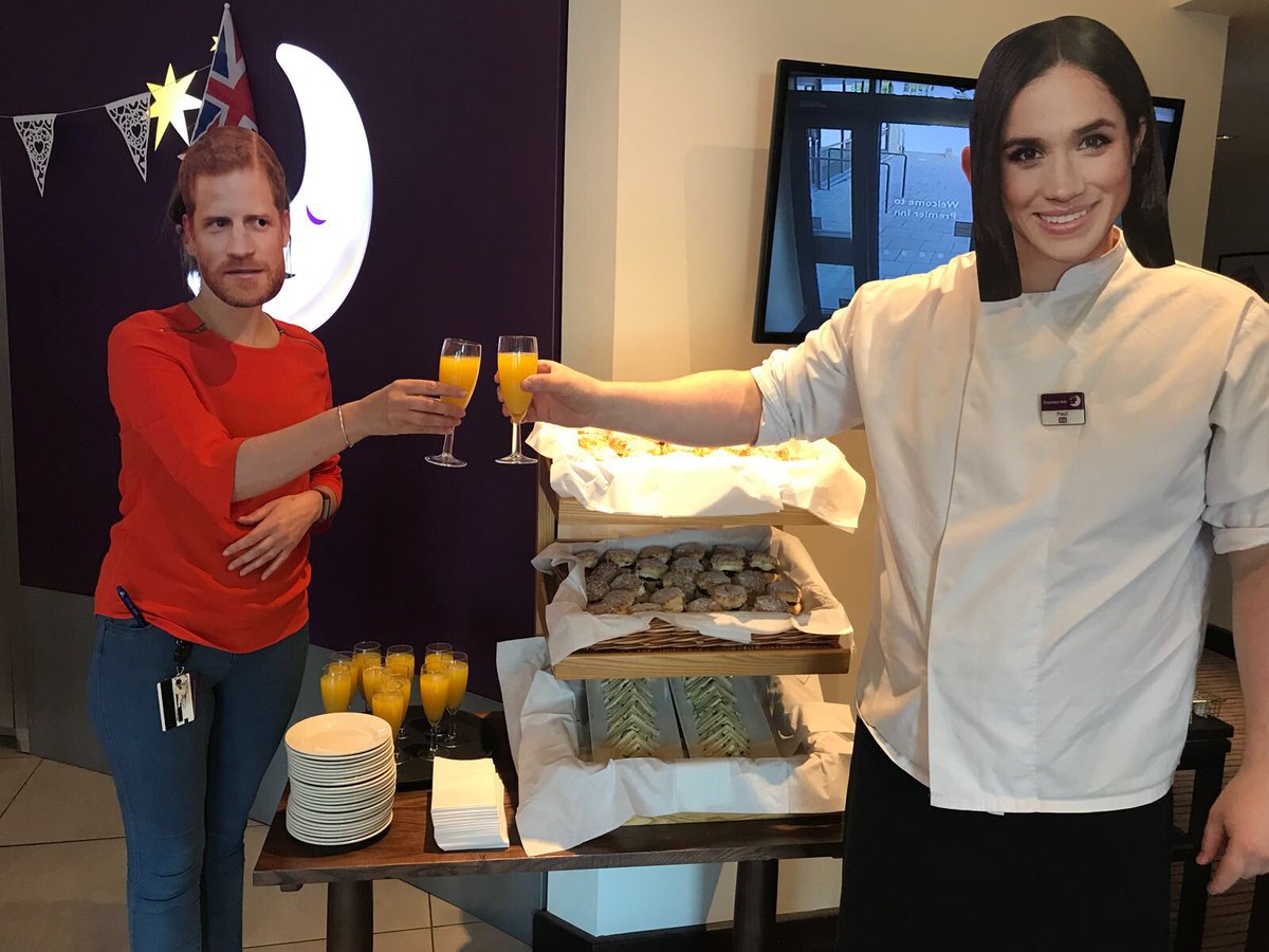 Megan and Harry ready to greet our guests with cucumber sandwiches, scones and Buck’s Fizz. #RoyalWedding #HowVeryBritish <a href="/SDEBDD/">simon ewins</a> @Valerie_PI3R <a href="/PIjoecrosby/">Joe Crosby PI</a> @Pipulse1 <a href="/premierinn/">Premier Inn</a> <a href="/northeastsolus/">North East Solus PI</a>
