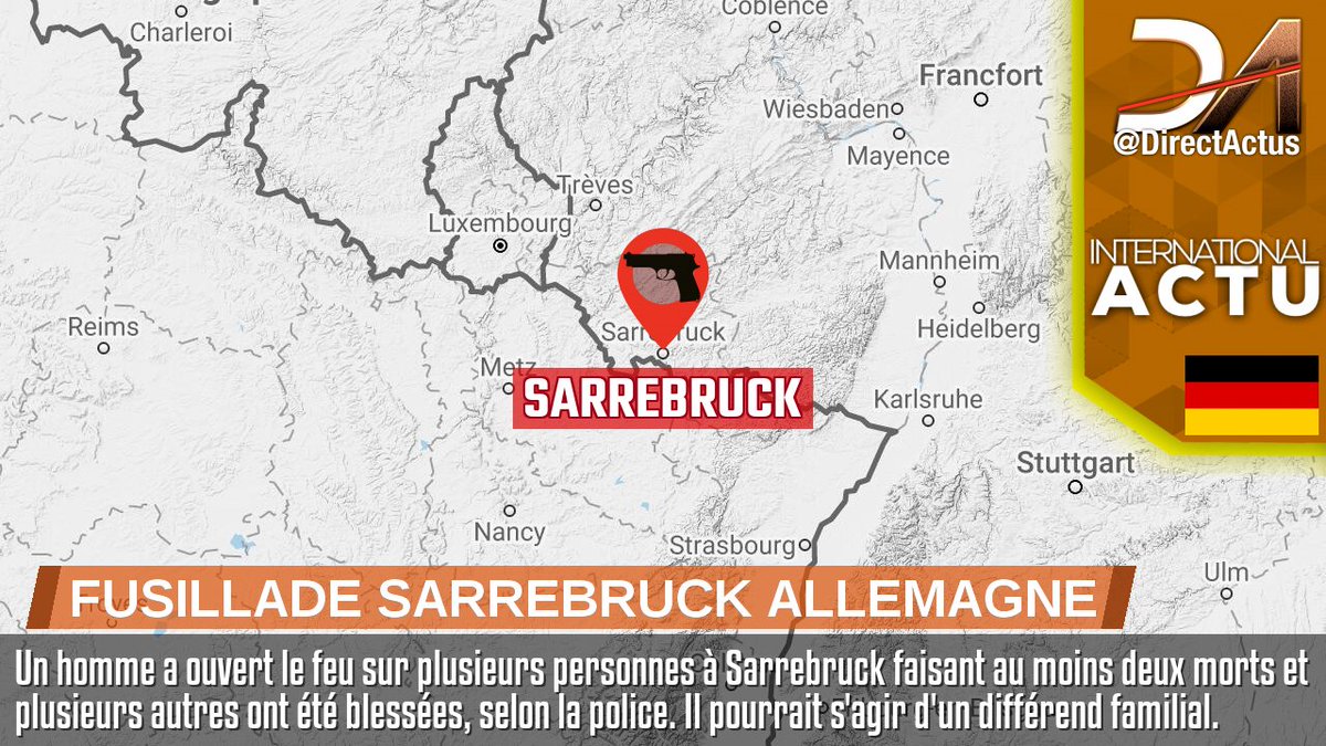 DirectActus's tweet photo. ⭕️ Fusillade #Sarrebruck #Allemagne 🇩🇪 Un homme a ouvert le feu sur plusieurs personnes à Sarrebruck faisant au moins deux morts et plusieurs autres ont été blessées, selon la police. Il pourrait s'agir d'un différend familial https://t.co/rBz1F1qLdE