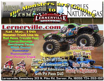 Lernerville's tweet photo. Who cares about the #royalwedding we have Monster Trucks today! #RAMINTOR #QuadWars #’merica
$25 admission, kids 2 & under admitted free!!
Gates open at 1:00. Pit party 1:30-3:30.
There’s even a ride along truck!
*additional cost* https://t.co/ARcoZRaxGZ
