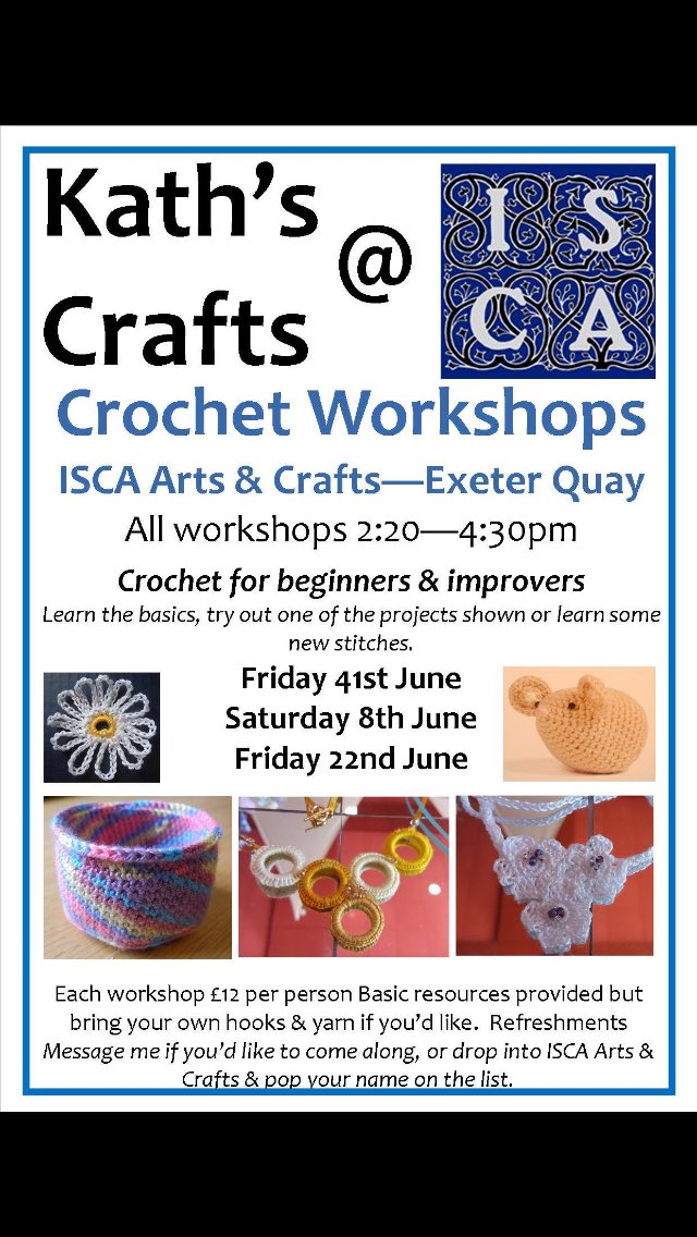IscaArts's tweet photo. June's Crochet Workshops at ISCA Arts &amp; Crafts. Small group - lots of individual help. A range of projects for you to have a go at or, if you're  complete beginner, by the end of the session you'll be able to work the basic stitches needed to take you further. PM for a place https://t.co/xD4OE8OBQF