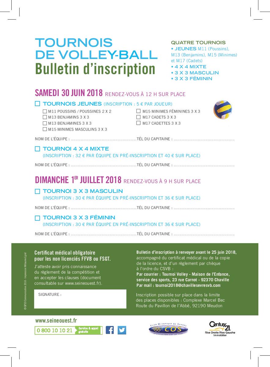 GPSO_SeineOuest's tweet photo. #FSN2017 > Avis aux amateurs de #volleyball... #ChavilleSèvresVolleyBall vous invite à grand tournoi samedi 30 juin au complexe Marcel Bec à @VilledeMeudon à l'occasion du Festival des sports de nature. Au programme : tournoi de jeunes, 4X4 mixte, 3X3 féminin et 3X3 masculin. https://t.co/8QKvs9kSOr