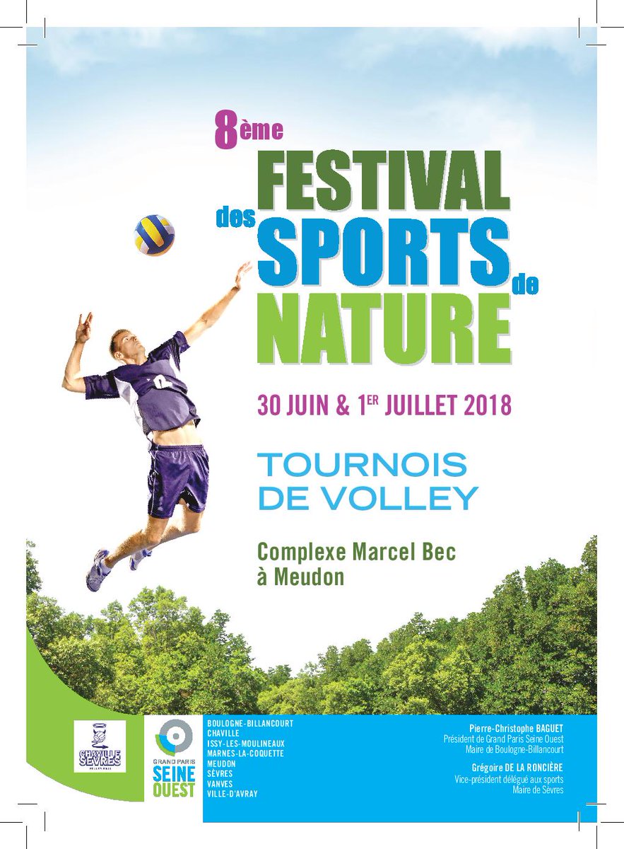 GPSO_SeineOuest's tweet photo. #FSN2017 > Avis aux amateurs de #volleyball... #ChavilleSèvresVolleyBall vous invite à grand tournoi samedi 30 juin au complexe Marcel Bec à @VilledeMeudon à l'occasion du Festival des sports de nature. Au programme : tournoi de jeunes, 4X4 mixte, 3X3 féminin et 3X3 masculin. https://t.co/8QKvs9kSOr