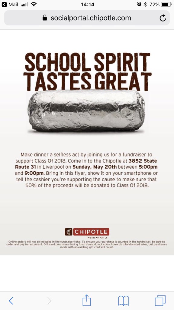 bville2018's tweet photo. Chipotle fundraiser TOMORROW!! Visit the chipotle on route 31 from 5-9pm and shown this flyer to help raise money for the senior class!!! 🥑🌮🌯 https://t.co/UuzKvNFn2T