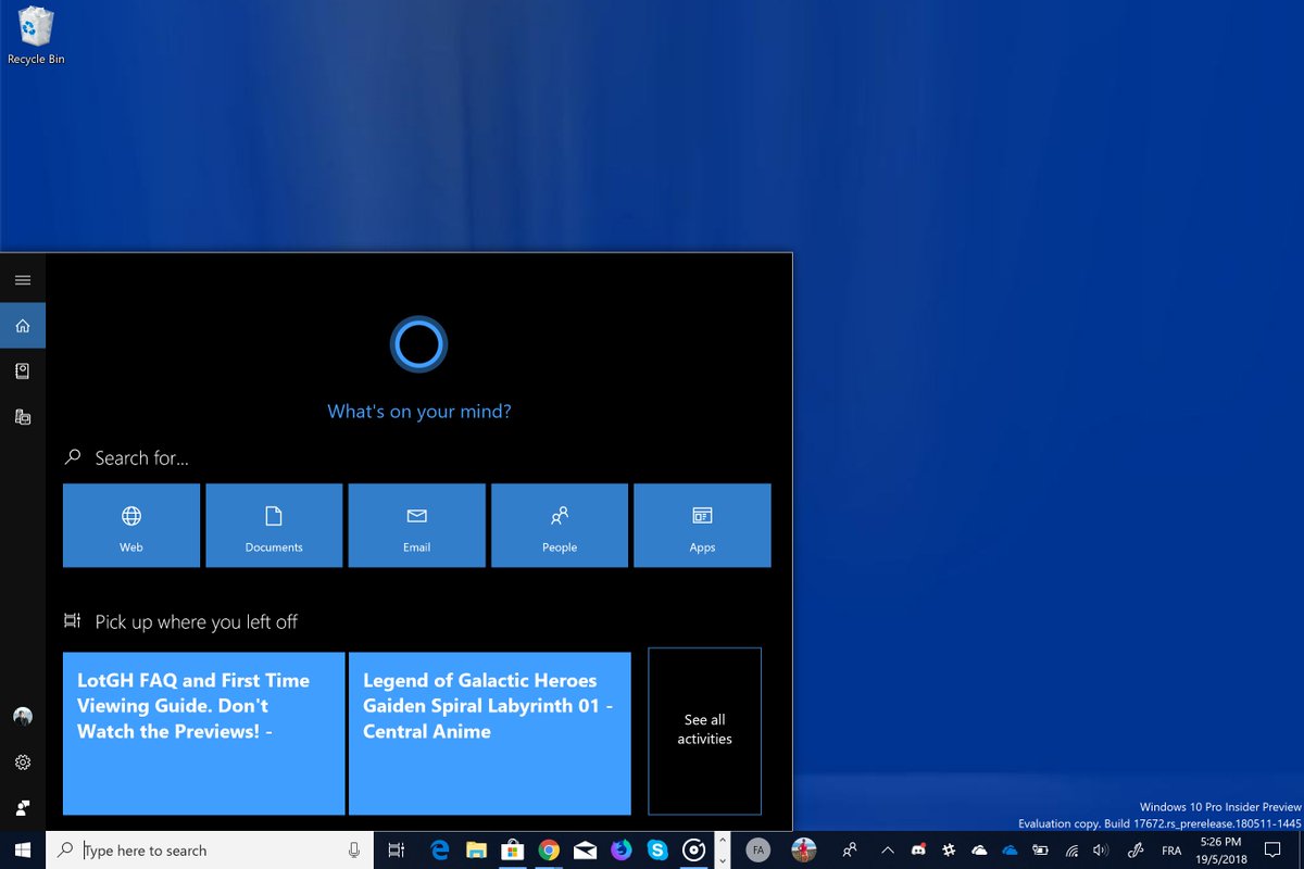 flobo09's tweet photo. La nouvelle UI de Cortana vient d'évoluer encore un peu (build 17672). https://t.co/0YcEBbJfwi