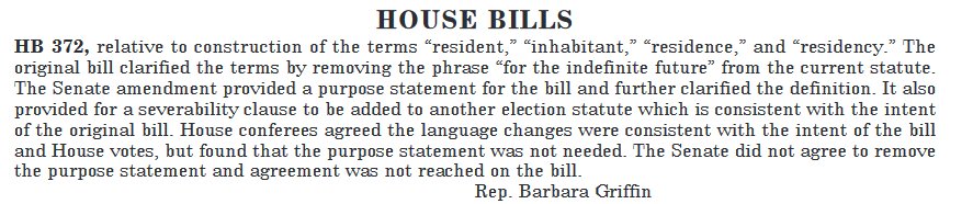 jdistaso's tweet photo. Of note: Looks like "other" voter residency bill, HB 372, is dead. In calendar, Rep. Griffin writes @TheNHSenate "did not agree to remove purpose statement & agreement not reached." Only Sen to not agree was @DonnaSoucy (D) - who apparently wasn't replaced #nhpolitics #WMUR https://t.co/hpY1veJDPR