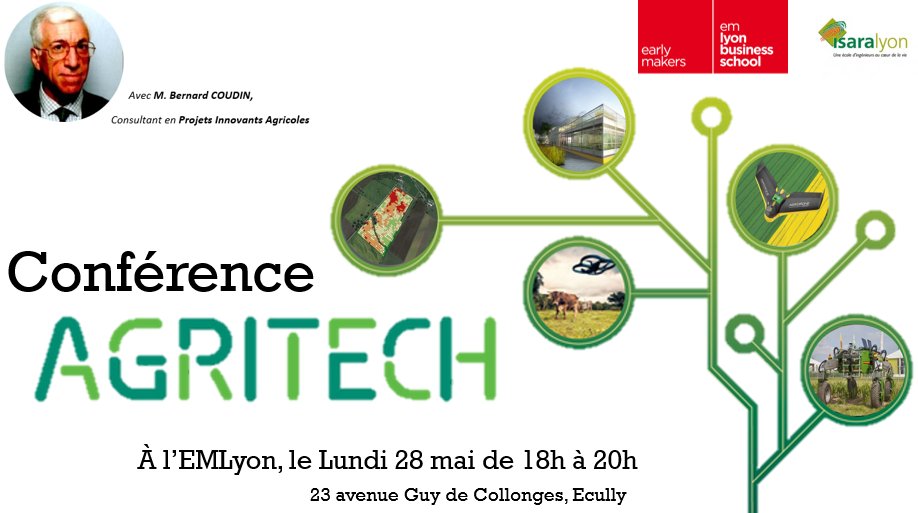 L'#agriculture du futur : quels enjeux? Venez découvrir l'#AgTech lors de la conférence organisée par <a href="/Digit_Agri/">Digit'Agri</a> le 28 Mai à l'<a href="/EMLYON/">emlyon business school</a> 🌱📲 avec Bernard Coudin, consultant en projets agricoles innovants
#innovation #agritech <a href="/Biz_Mediation/">Business Mediation 4.0</a>