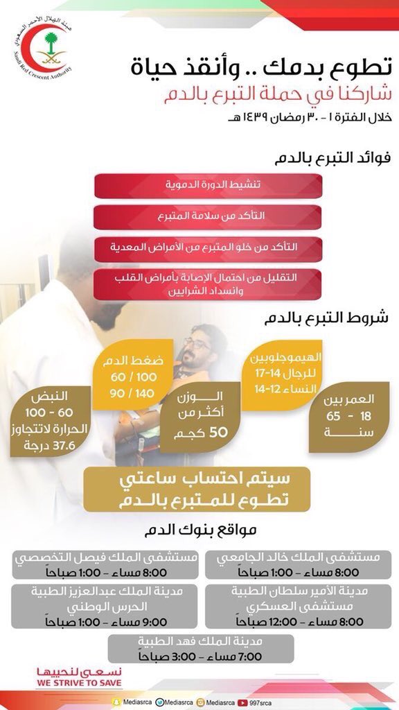 mohenews's tweet photo. عاجل🔴

لاهل الرياض:
هناك حاجة ماسة للتبرع بالدم لتغطية الطلب الزائد في شهر رمضان .. والمستشفيات وضعت وقت التبرع مناسب للجميع(يبدأ بعد الافطار)

تصدقو بالتبرع بالدم وبنشر هذه الرسالة للجميع كتب الله لكم الاجر مضاعفاً ❤️

شروط التبرع+الاوقات+مواقع بنوك الدم+فوائد التبرع👇🏻 https://t.co/B1NTj3u5SO