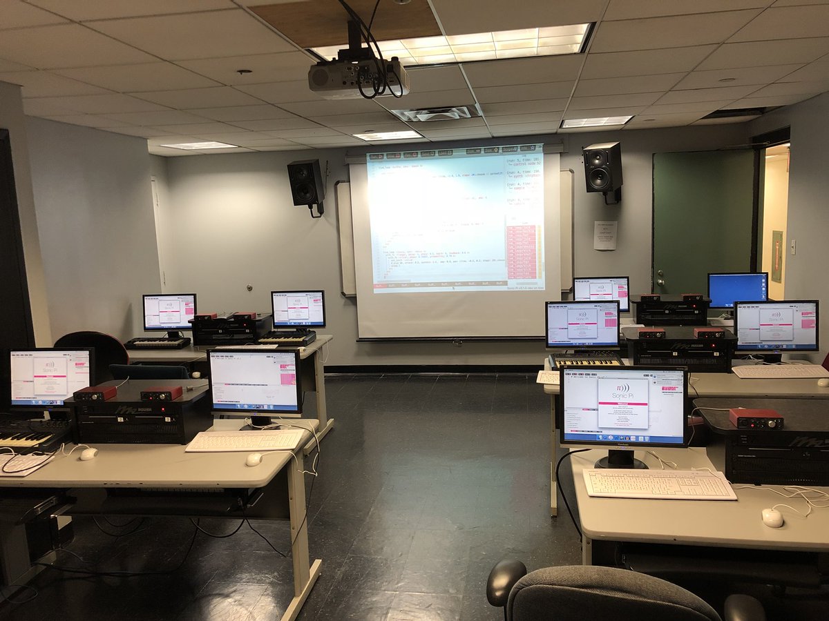 mrbombmusic's tweet photo. Room is all set up for @Sonic_Pi workshop. Shoutout to @liubkma for installing the software #hiphophacks #musichackathon https://t.co/jg35TbY8bl