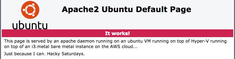 The Overstack

A layer of apache, a dose of ubuntu, a shot of hyper-v all served on top of an i3.metal instance 

#awsdrinks 

#justbecauseIcan #uselesshacks #whatdoyouwanttodotoday